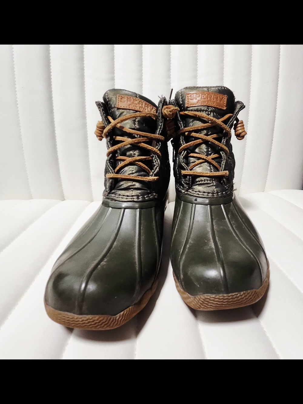 Sperry Saltwater Duck Boots in Olive and Brown